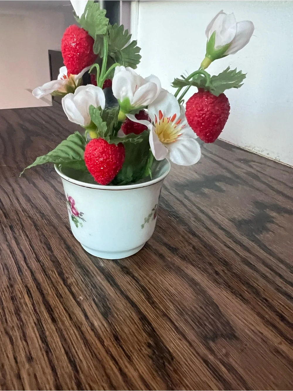 Floral Porcelain Teacup Vase with Red Strawberry Accents Farmhouse Decor